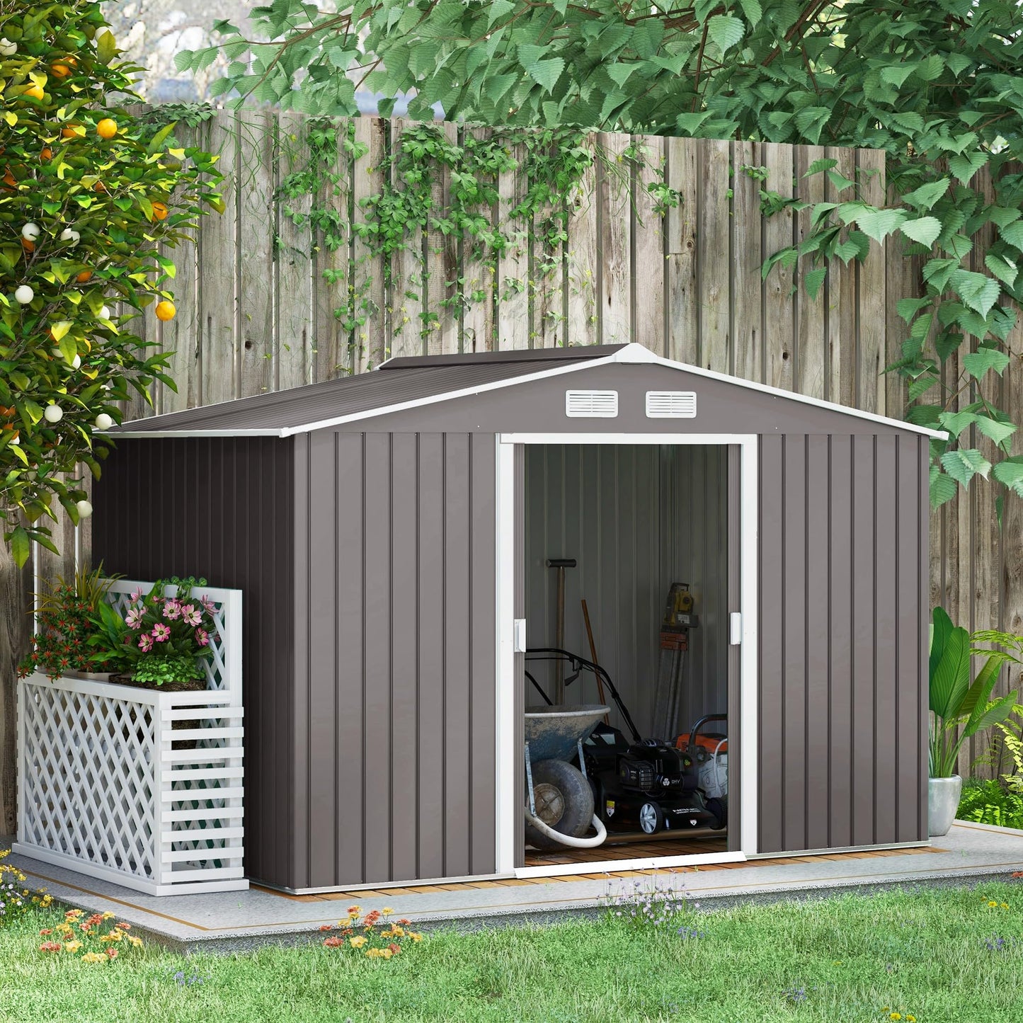 Outsunny 9 x 6ft Metal Garden Shed, Outdoor Storage Tool House with Ventilation Slots, Foundation Kit and Lockable Double Doors, Brown