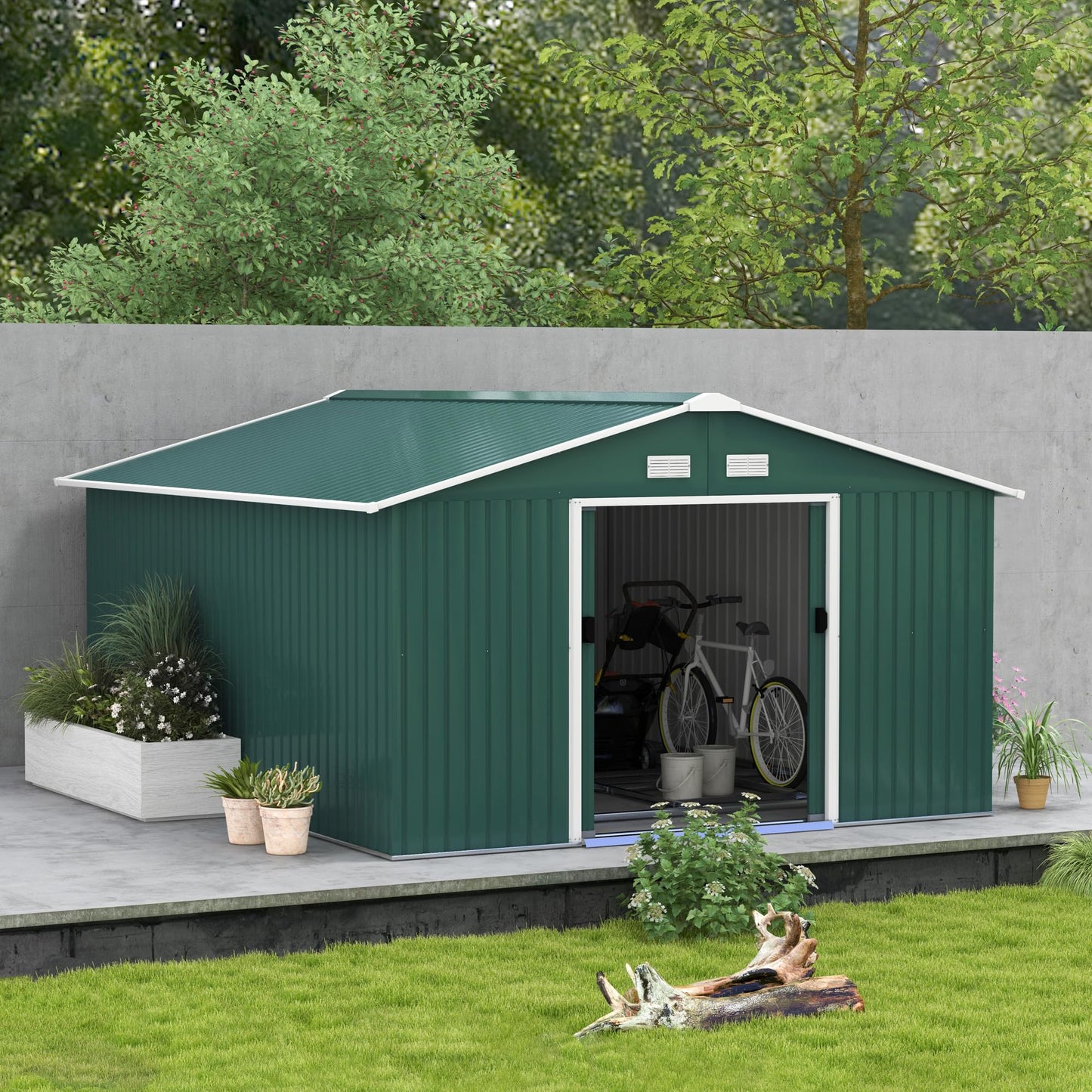 Outsunny 9 x 6ft Metal Garden Shed, Outdoor Storage Tool House with Ventilation Slots, Foundation Kit and Lockable Double Doors, Brown