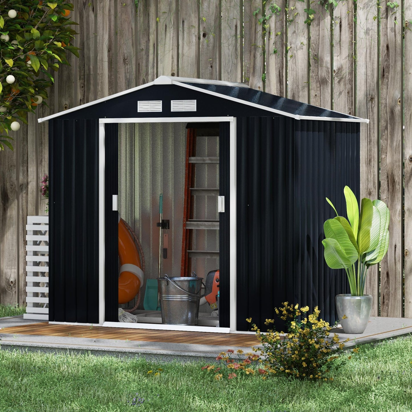 Outsunny 9 x 6ft Metal Garden Shed, Outdoor Storage Tool House with Ventilation Slots, Foundation Kit and Lockable Double Doors, Brown
