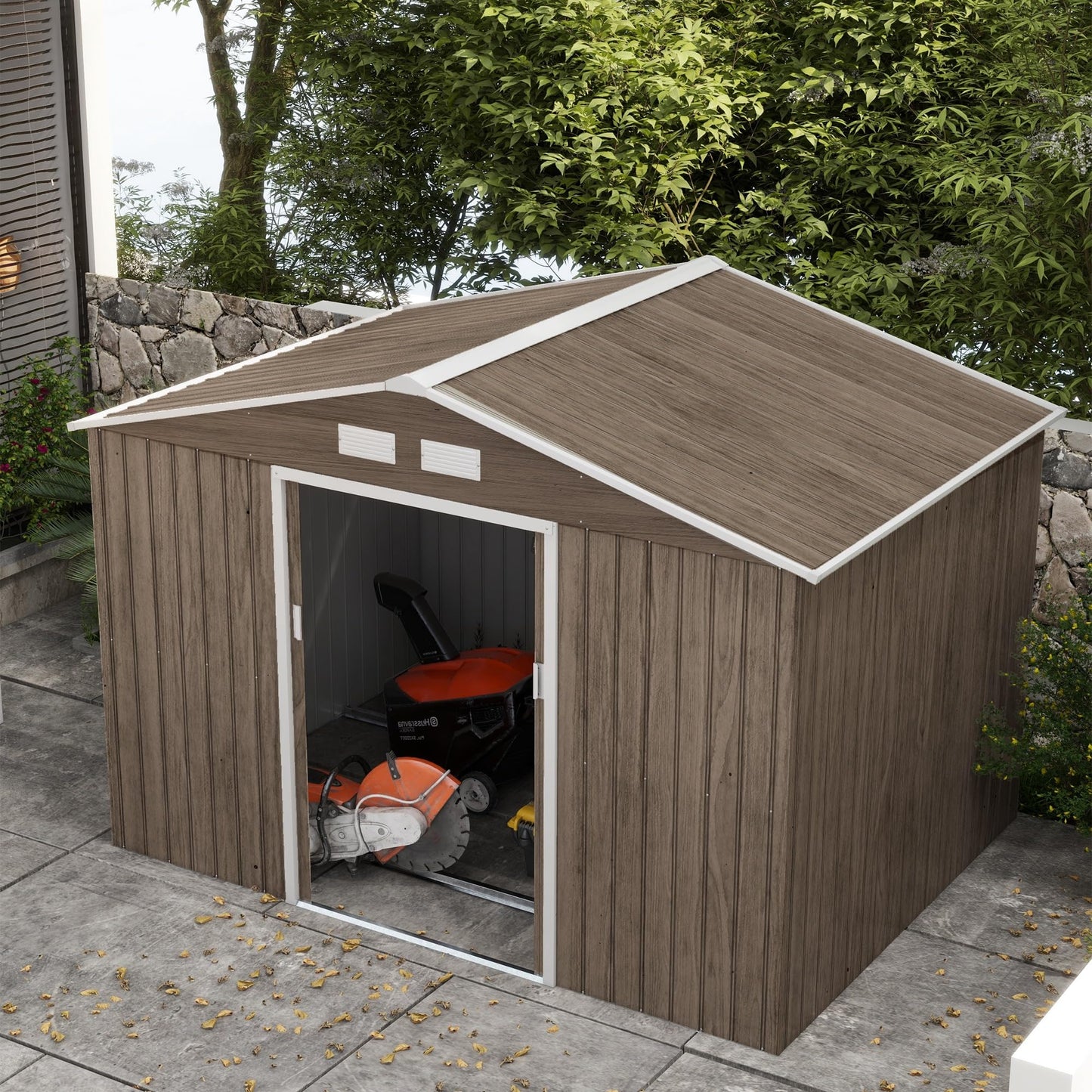 Outsunny 9 x 6ft Metal Garden Shed, Outdoor Storage Tool House with Ventilation Slots, Foundation Kit and Lockable Double Doors, Brown