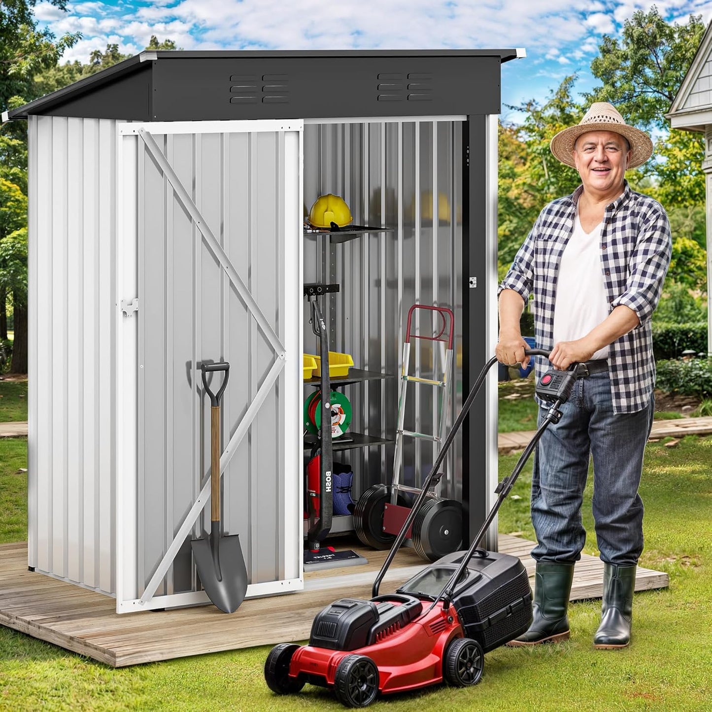 YITAHOME 5x3ft Outdoor Storage Shed, Weatherproof Tool Shed w/Locking Entry & Ventilation for Grass Cutter, Bike, Equipment, Courtyard, Garden (White)