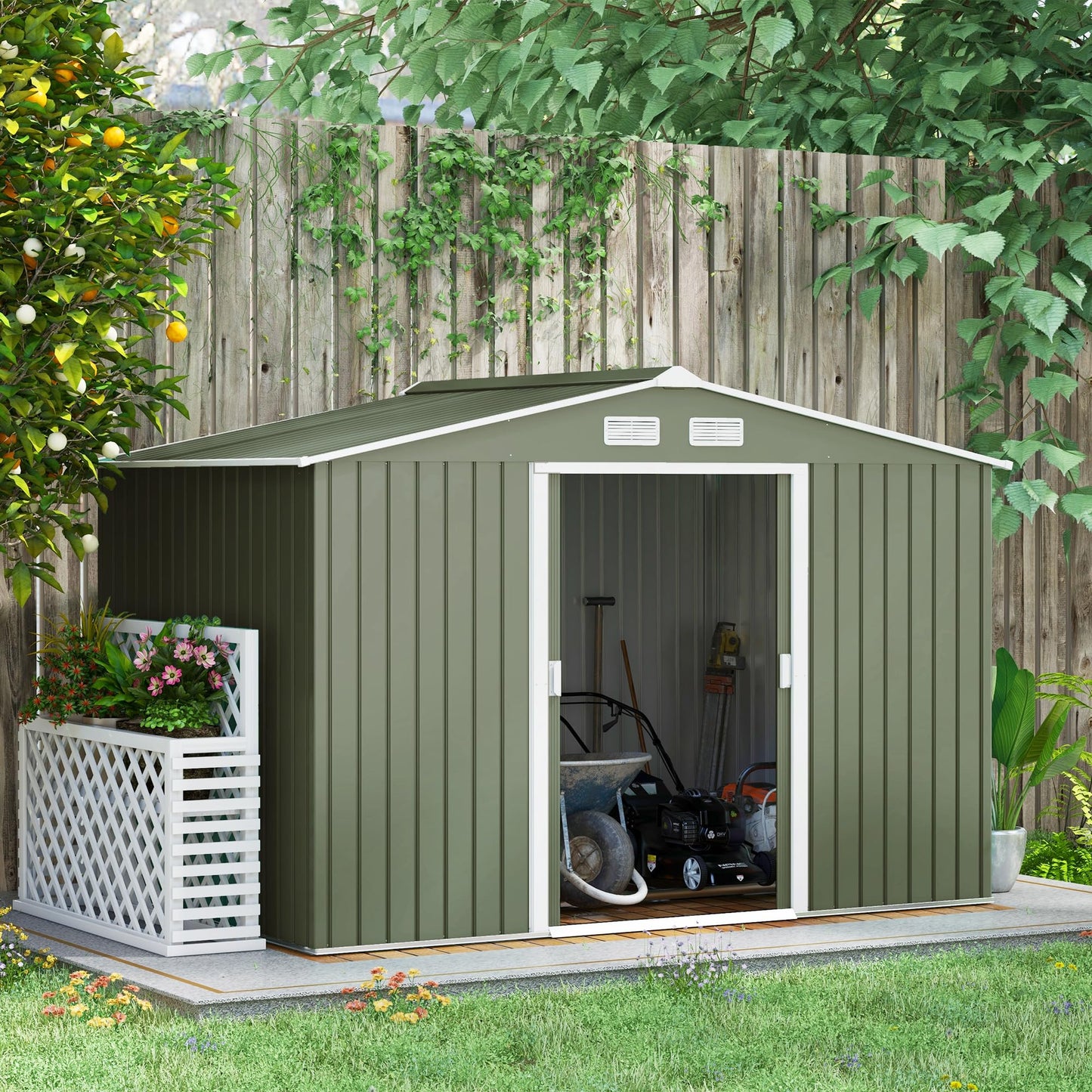 Outsunny 9 x 6ft Metal Garden Shed, Outdoor Storage Tool House with Ventilation Slots, Foundation Kit and Lockable Double Doors, Brown