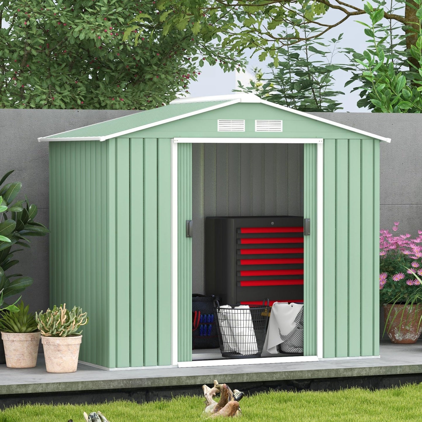 Outsunny 9 x 6ft Metal Garden Shed, Outdoor Storage Tool House with Ventilation Slots, Foundation Kit and Lockable Double Doors, Brown