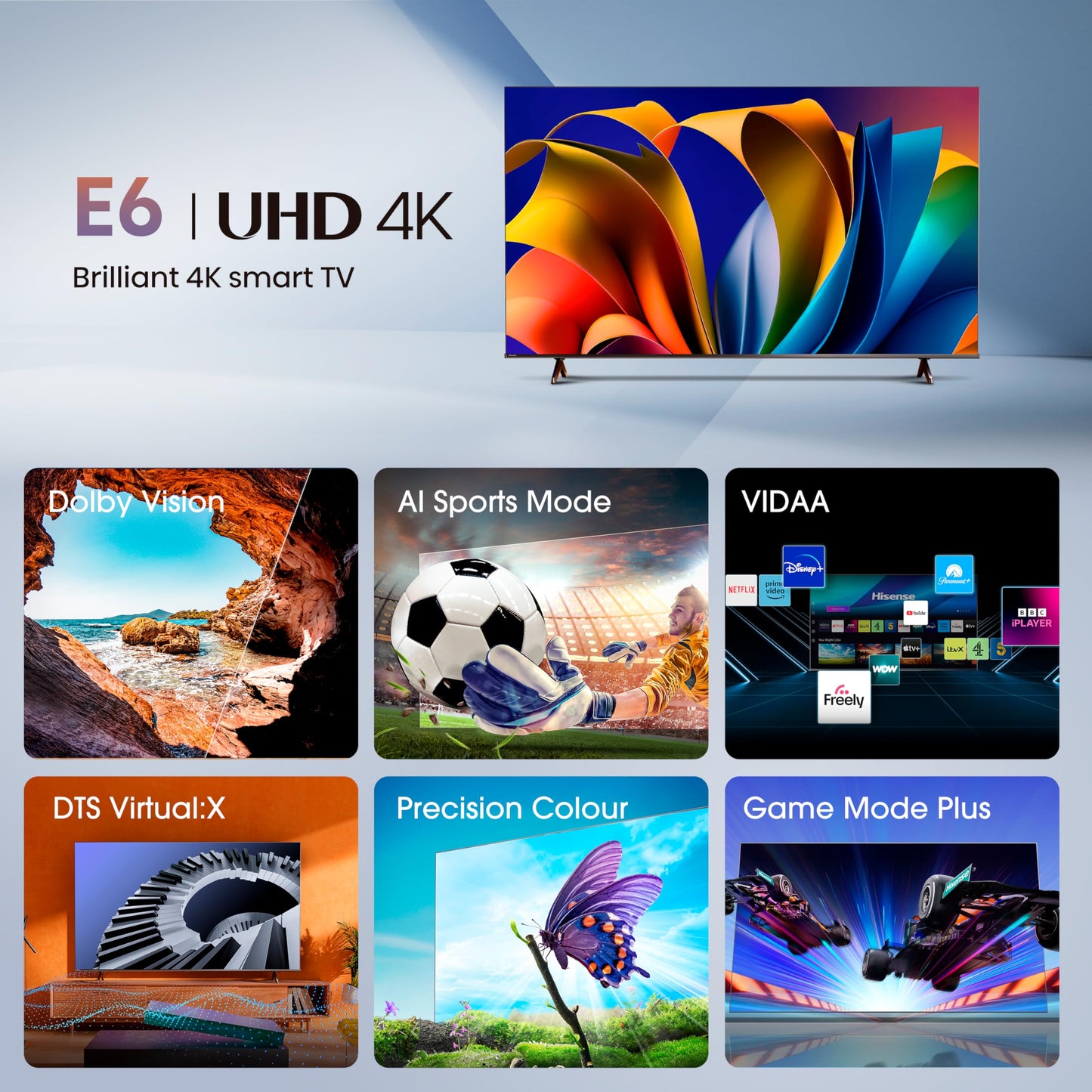 Hisense 43 Inch 4K Smart TV 43E6NTUK - Dolby Vision, Game Mode PLUS with 60Hz VRR ALLM, Smooth Motion, AI Sports Mode, Vidaa OS with Freely, Youtube, Netflix and Disney+ & Now TV (2024 Model)