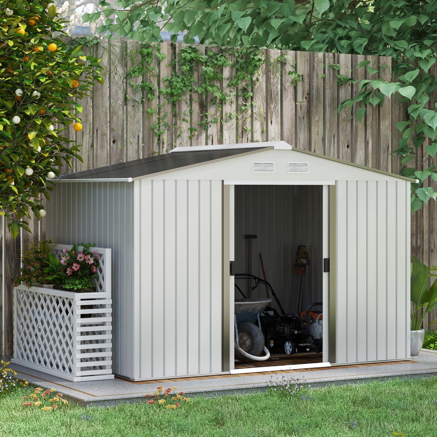 Outsunny 9 x 6ft Metal Garden Shed, Outdoor Storage Tool House with Ventilation Slots, Foundation Kit and Lockable Double Doors, Brown