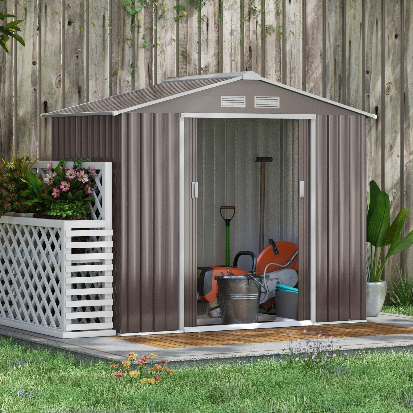 Outsunny 9 x 6ft Metal Garden Shed, Outdoor Storage Tool House with Ventilation Slots, Foundation Kit and Lockable Double Doors, Brown