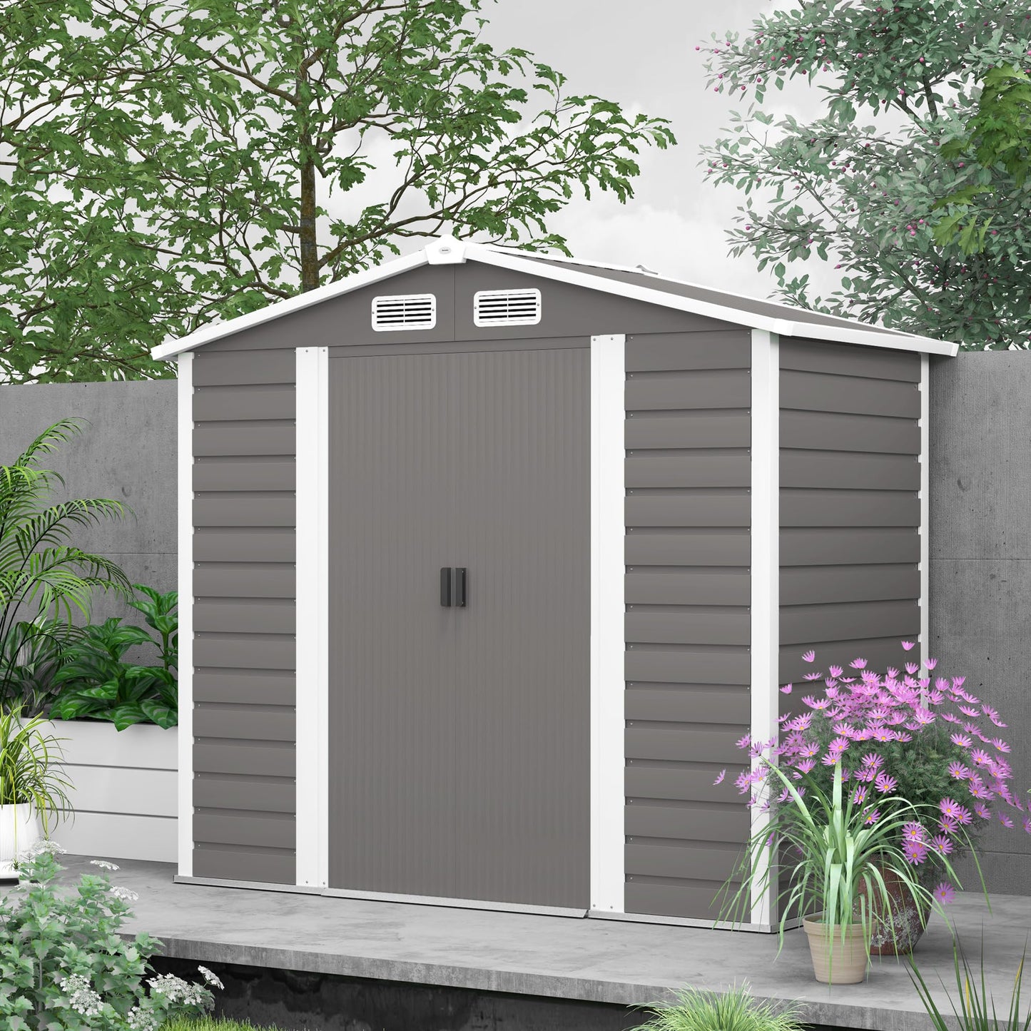 Outsunny 7 x 4ft Garden Shed, Easy to Assemble, Upgraded Galvanised Steel Frame with Foundation Kit, Double Doors with Lock, Outdoor Metal Shed with Vents and Gloves, Garden Storage Shed, Dark Grey