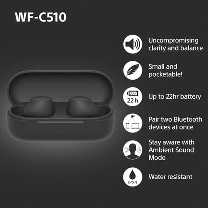 Sony WF-C510 Truly Wireless Earbuds – Small, Light, Bluetooth In Ear Headphones with Multipoint Connection, Ambient Sound, IPX4 Rating, Spotify Tap, Quick Charge, 22 HR Battery, iOS & Android - White