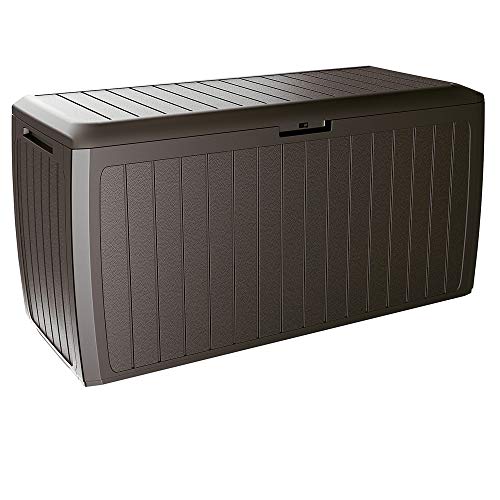 CASARIA® 290 Litre Garden Storage Box | Plastic Outdoor Tool Chest on Wheels | Lockable | Parcel Box | Log Store | Weatherproof | Wood Effect | 117x47x60cm | Brown