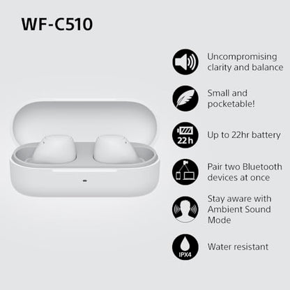 Sony WF-C510 Truly Wireless Earbuds – Small, Light, Bluetooth In Ear Headphones with Multipoint Connection, Ambient Sound, IPX4 Rating, Spotify Tap, Quick Charge, 22 HR Battery, iOS & Android - White