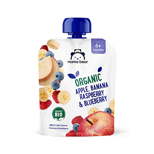 Amazon Brand - Mama Bear Fruit Pouch, Organic Apple, Banana and Strawberry Purée, vegetarian, 90 g (Pack of 6)