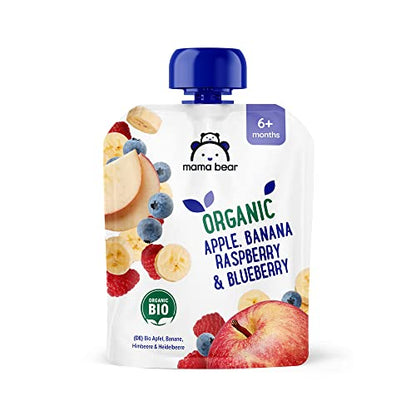 Amazon Brand - Mama Bear Fruit Pouch, Organic Apple, Banana and Strawberry Purée, vegetarian, 90 g (Pack of 6)