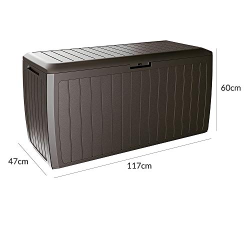 CASARIA® 290 Litre Garden Storage Box | Plastic Outdoor Tool Chest on Wheels | Lockable | Parcel Box | Log Store | Weatherproof | Wood Effect | 117x47x60cm | Brown