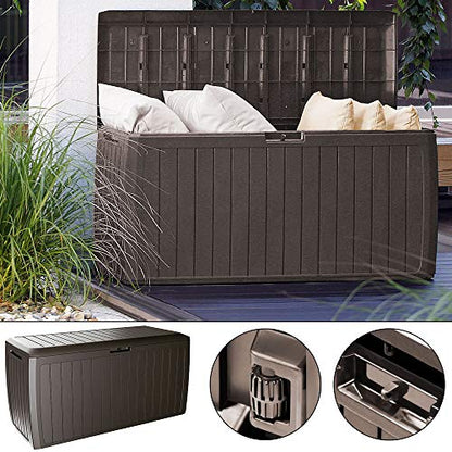 CASARIA® 290 Litre Garden Storage Box | Plastic Outdoor Tool Chest on Wheels | Lockable | Parcel Box | Log Store | Weatherproof | Wood Effect | 117x47x60cm | Brown
