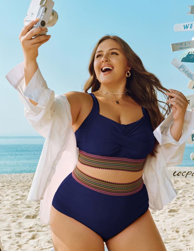 Women's Plus Size Bikini Set Tummy Control Swimwear Twist Cross Push Up Bikini Top and High Waist Bikini Bottoms Soft Swimming Costume Curvy Swimsuits with Adjustable Shoulder Straps