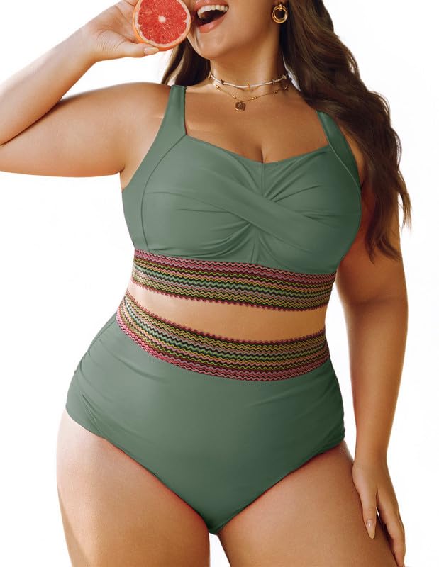 Women's Plus Size Bikini Set Tummy Control Swimwear Twist Cross Push Up Bikini Top and High Waist Bikini Bottoms Soft Swimming Costume Curvy Swimsuits with Adjustable Shoulder Straps
