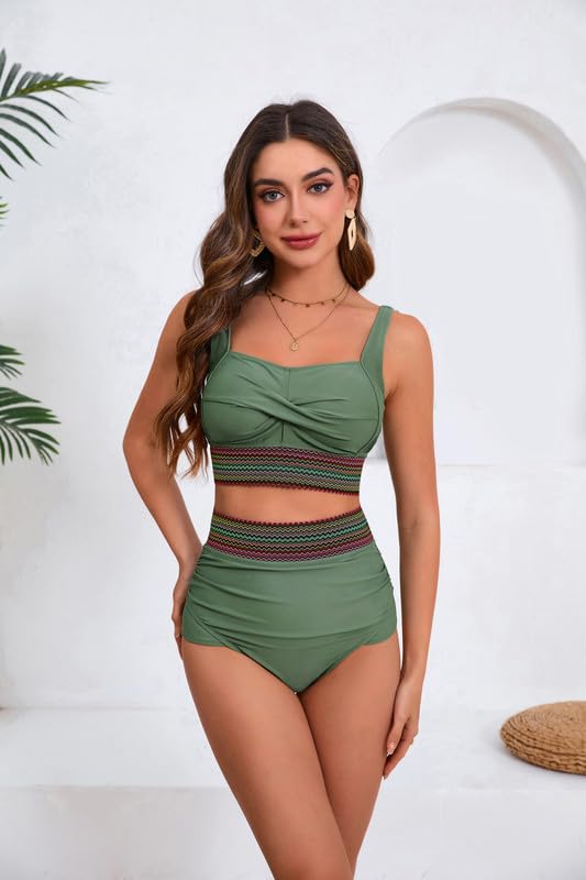 Women's Plus Size Bikini Set Tummy Control Swimwear Twist Cross Push Up Bikini Top and High Waist Bikini Bottoms Soft Swimming Costume Curvy Swimsuits with Adjustable Shoulder Straps
