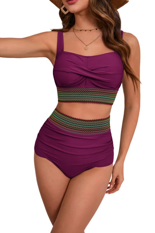 Women's Plus Size Bikini Set Tummy Control Swimwear Twist Cross Push Up Bikini Top and High Waist Bikini Bottoms Soft Swimming Costume Curvy Swimsuits with Adjustable Shoulder Straps