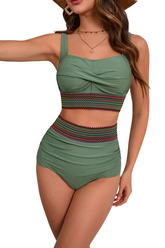 Women's Plus Size Bikini Set Tummy Control Swimwear Twist Cross Push Up Bikini Top and High Waist Bikini Bottoms Soft Swimming Costume Curvy Swimsuits with Adjustable Shoulder Straps
