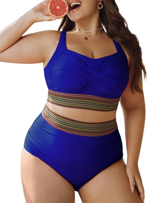 Women's Plus Size Bikini Set Tummy Control Swimwear Twist Cross Push Up Bikini Top and High Waist Bikini Bottoms Soft Swimming Costume Curvy Swimsuits with Adjustable Shoulder Straps