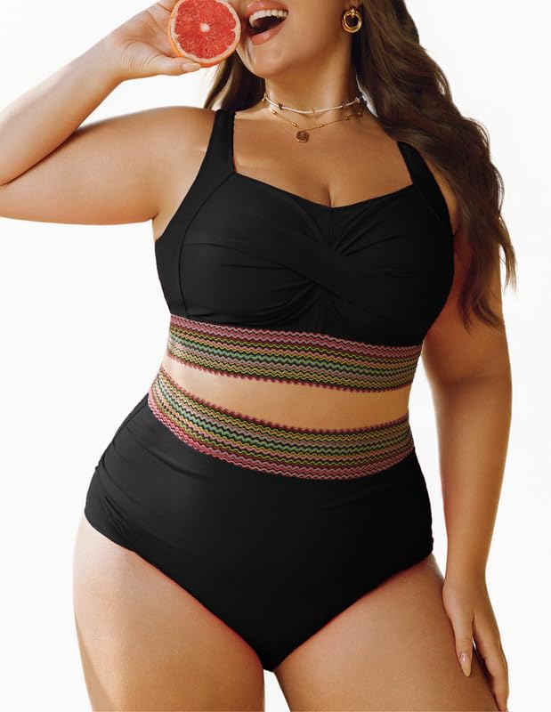 Women's Plus Size Bikini Set Tummy Control Swimwear Twist Cross Push Up Bikini Top and High Waist Bikini Bottoms Soft Swimming Costume Curvy Swimsuits with Adjustable Shoulder Straps