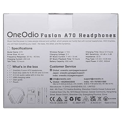OneOdio A70 Bluetooth Headphones Over Ear, 72 Hrs Playtime, Monitor Level Stereo Sound Quality, Foldable Wireless＆Wired DJ Headphone, Professional Studio Headphones for DJ/TV/PC/Phone