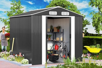 XXXL 8x10' Metal Tool Shed With Foundation | 8m² 15m² | Apex Roof | 312x257x178cm | Sliding Door | Galvanised Steel Garden Equipment Bike Log Storage | Green