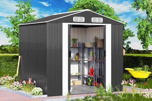 XXXL 8x10' Metal Tool Shed With Foundation | 8m² 15m² | Apex Roof | 312x257x178cm | Sliding Door | Galvanised Steel Garden Equipment Bike Log Storage | Green