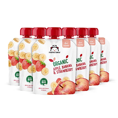 Amazon Brand - Mama Bear Fruit Pouch, Organic Apple, Banana and Strawberry Purée, vegetarian, 90 g (Pack of 6)