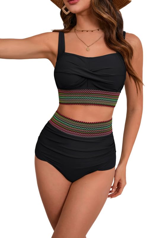 Women's Plus Size Bikini Set Tummy Control Swimwear Twist Cross Push Up Bikini Top and High Waist Bikini Bottoms Soft Swimming Costume Curvy Swimsuits with Adjustable Shoulder Straps