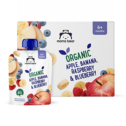 Amazon Brand - Mama Bear Fruit Pouch, Organic Apple, Banana and Strawberry Purée, vegetarian, 90 g (Pack of 6)