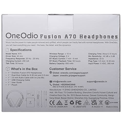 OneOdio A70 Bluetooth Headphones Over Ear, 72 Hrs Playtime, Monitor Level Stereo Sound Quality, Foldable Wireless＆Wired DJ Headphone, Professional Studio Headphones for DJ/TV/PC/Phone