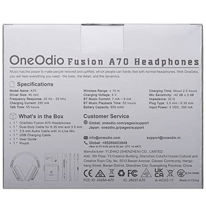 OneOdio A70 Bluetooth Headphones Over Ear, 72 Hrs Playtime, Monitor Level Stereo Sound Quality, Foldable Wireless＆Wired DJ Headphone, Professional Studio Headphones for DJ/TV/PC/Phone