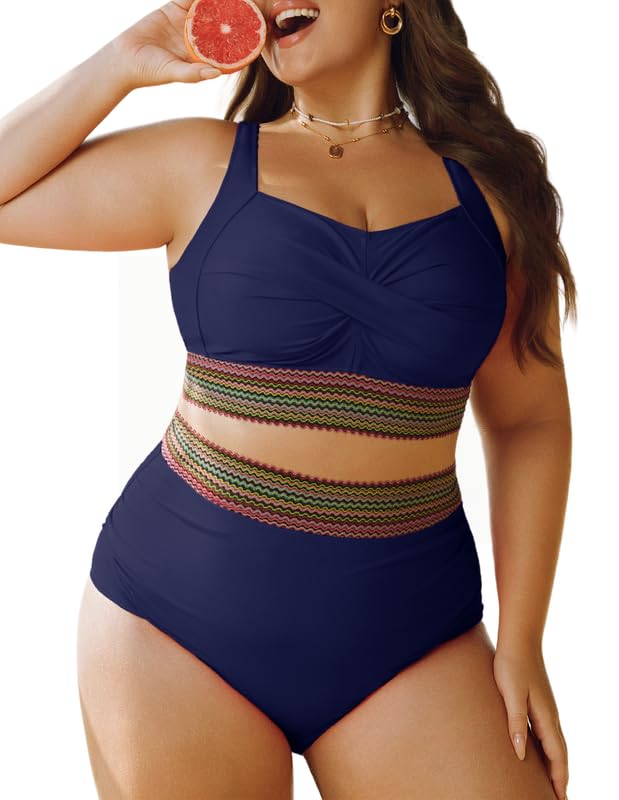 Women's Plus Size Bikini Set Tummy Control Swimwear Twist Cross Push Up Bikini Top and High Waist Bikini Bottoms Soft Swimming Costume Curvy Swimsuits with Adjustable Shoulder Straps