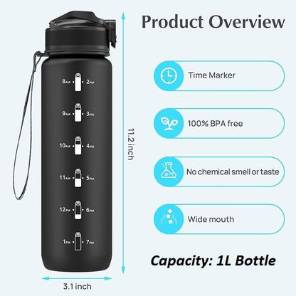 EYQ Water Bottle 1L / 500ML, 16oz / 32oz Leak-Proof Motivational Sports Drinks Bottle with Time Marker, Tritan BPA-Free, Drinking Waterbottles for Fitness, School, Gym, Outdoor Sports