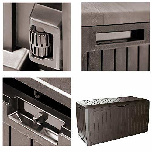 CASARIA® 290 Litre Garden Storage Box | Plastic Outdoor Tool Chest on Wheels | Lockable | Parcel Box | Log Store | Weatherproof | Wood Effect | 117x47x60cm | Brown