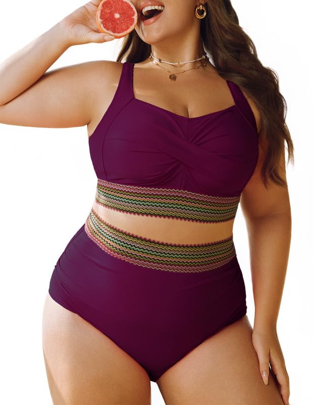 Women's Plus Size Bikini Set Tummy Control Swimwear Twist Cross Push Up Bikini Top and High Waist Bikini Bottoms Soft Swimming Costume Curvy Swimsuits with Adjustable Shoulder Straps