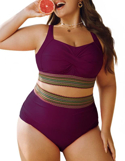 Women's Plus Size Bikini Set Tummy Control Swimwear Twist Cross Push Up Bikini Top and High Waist Bikini Bottoms Soft Swimming Costume Curvy Swimsuits with Adjustable Shoulder Straps