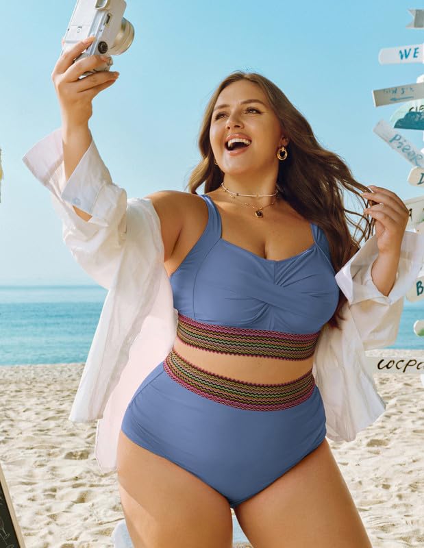 Women's Plus Size Bikini Set Tummy Control Swimwear Twist Cross Push Up Bikini Top and High Waist Bikini Bottoms Soft Swimming Costume Curvy Swimsuits with Adjustable Shoulder Straps