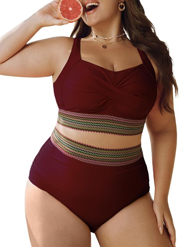 Women's Plus Size Bikini Set Tummy Control Swimwear Twist Cross Push Up Bikini Top and High Waist Bikini Bottoms Soft Swimming Costume Curvy Swimsuits with Adjustable Shoulder Straps