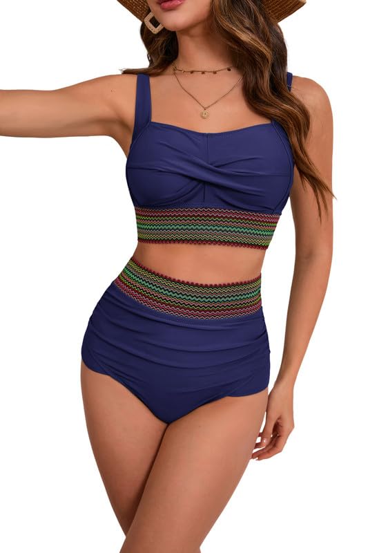 Women's Plus Size Bikini Set Tummy Control Swimwear Twist Cross Push Up Bikini Top and High Waist Bikini Bottoms Soft Swimming Costume Curvy Swimsuits with Adjustable Shoulder Straps