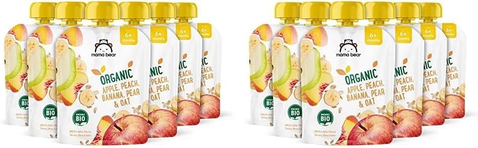 Amazon Brand - Mama Bear Fruit Pouch, Organic Apple, Banana and Strawberry Purée, vegetarian, 90 g (Pack of 6)