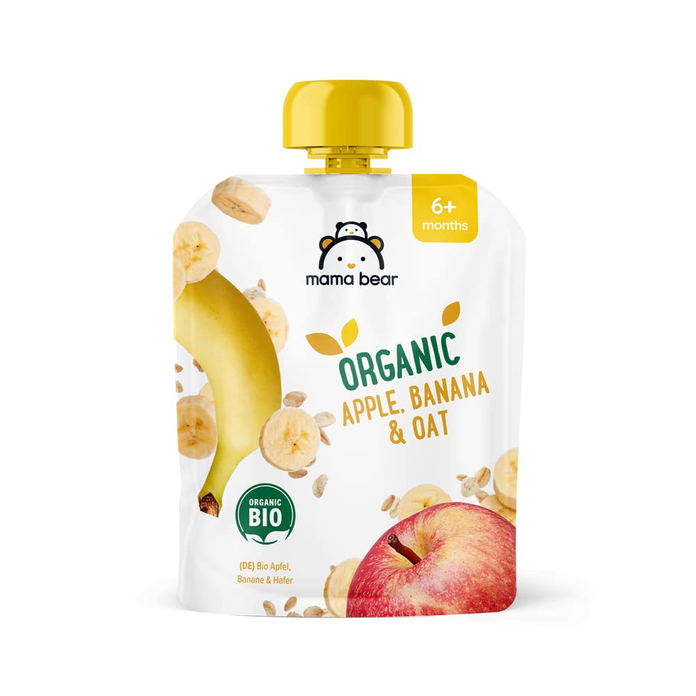 Amazon Brand - Mama Bear Fruit Pouch, Organic Apple, Banana and Strawberry Purée, vegetarian, 90 g (Pack of 6)