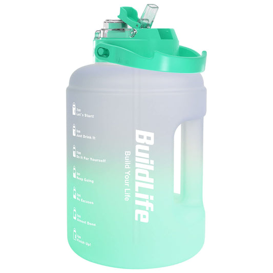 BuildLife Water Bottles with Straw & Flip Cap 2 in 1 Lid - Large Water Bottle with Time Markings BPA Free Leak Proof Wide Mouth Drinks Bottle,2.5 Litre Durable Sports Water Bottle (Black)