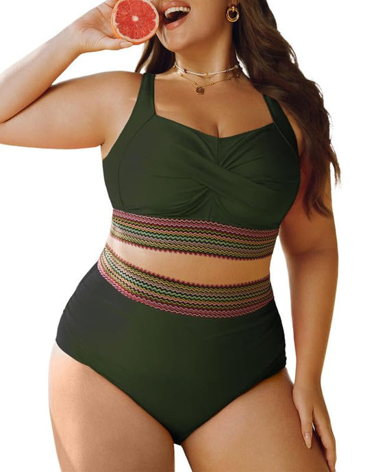 Women's Plus Size Bikini Set Tummy Control Swimwear Twist Cross Push Up Bikini Top and High Waist Bikini Bottoms Soft Swimming Costume Curvy Swimsuits with Adjustable Shoulder Straps