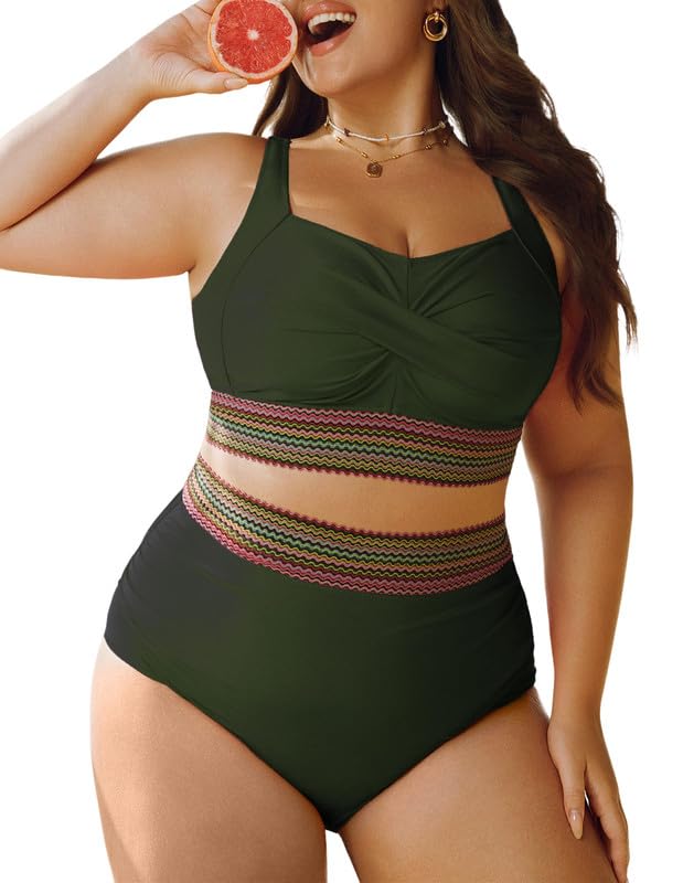Women's Plus Size Bikini Set Tummy Control Swimwear Twist Cross Push Up Bikini Top and High Waist Bikini Bottoms Soft Swimming Costume Curvy Swimsuits with Adjustable Shoulder Straps