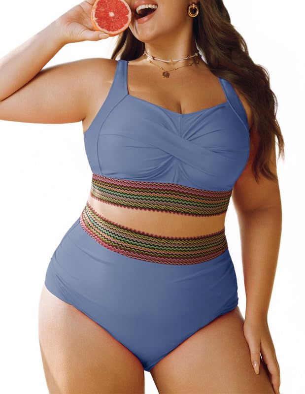 Women's Plus Size Bikini Set Tummy Control Swimwear Twist Cross Push Up Bikini Top and High Waist Bikini Bottoms Soft Swimming Costume Curvy Swimsuits with Adjustable Shoulder Straps