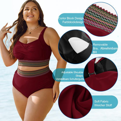 Women's Plus Size Bikini Set Tummy Control Swimwear Twist Cross Push Up Bikini Top and High Waist Bikini Bottoms Soft Swimming Costume Curvy Swimsuits with Adjustable Shoulder Straps