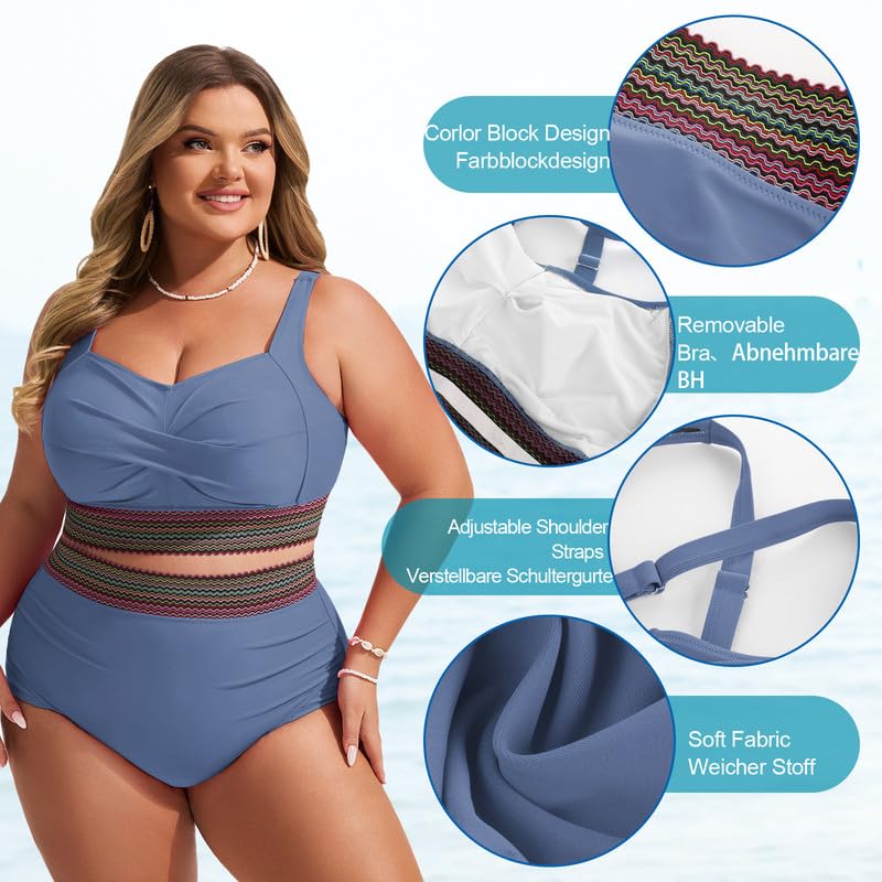 Women's Plus Size Bikini Set Tummy Control Swimwear Twist Cross Push Up Bikini Top and High Waist Bikini Bottoms Soft Swimming Costume Curvy Swimsuits with Adjustable Shoulder Straps