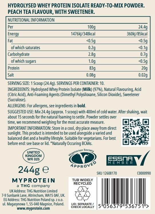 Myprotein Clear Whey Isolate, Peach Tea, 20 Servings